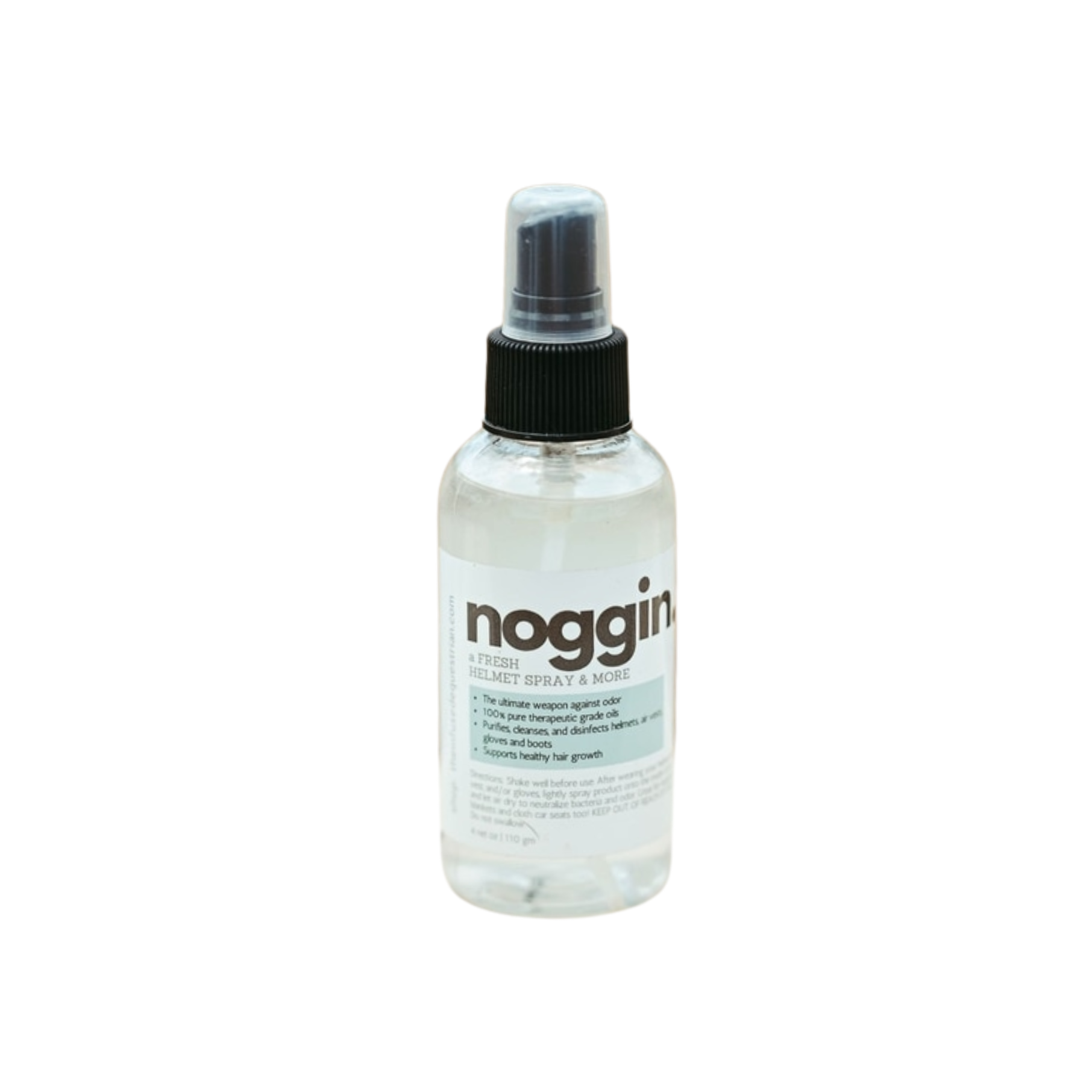 Clear spray bottle labeled 'noggin' on a white background