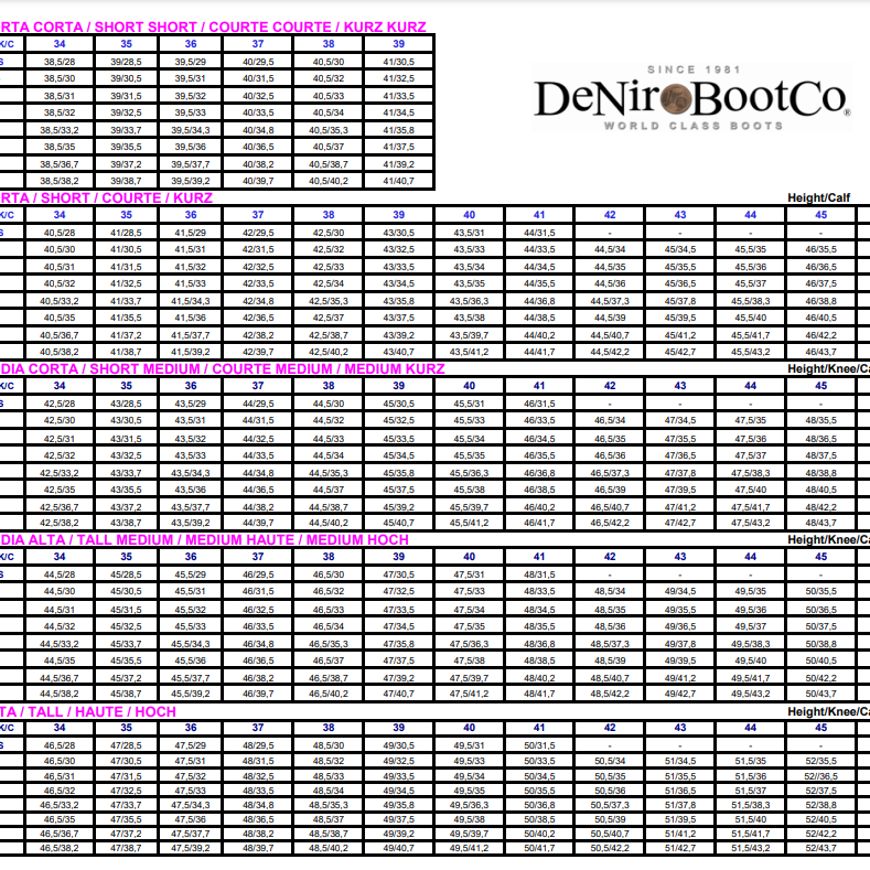DiNiero Size Chart