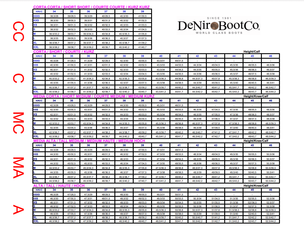 DENIRO SIZE GUIDE