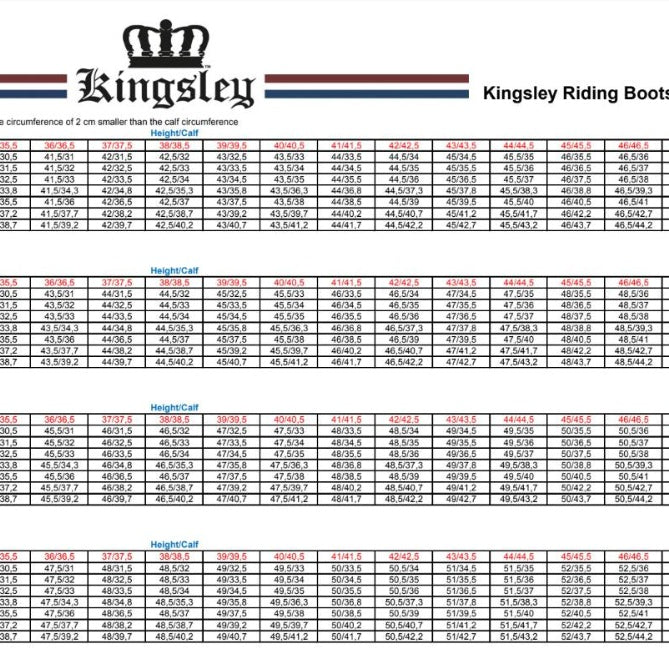 kingsley size chart