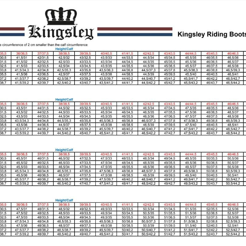 kingsley size guide