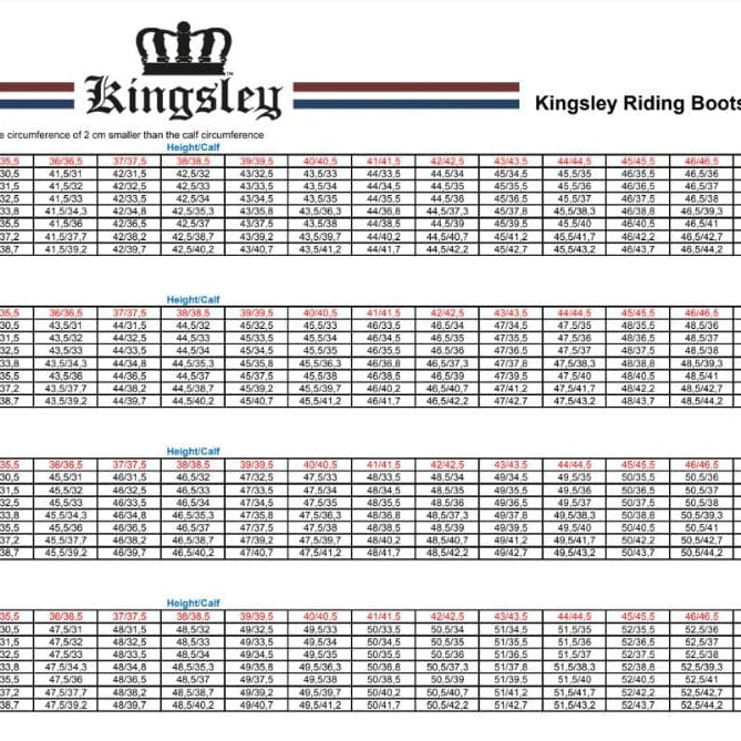 kingsley size chart