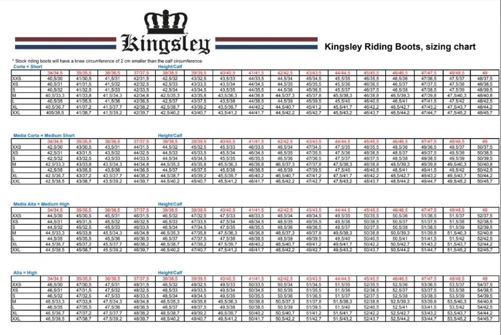 kingsley size chart