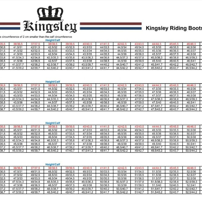 kingsley size chart