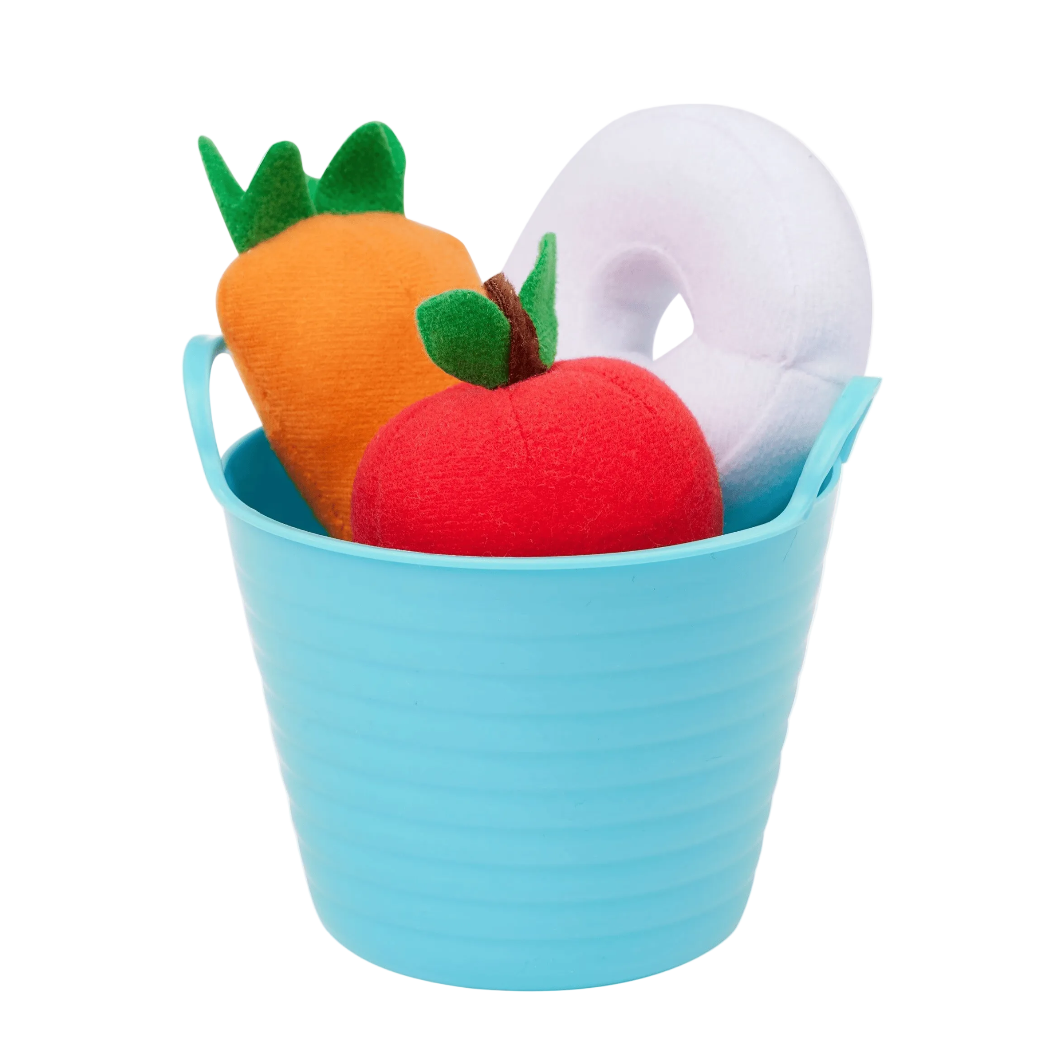 Toy bucket with a carrot, apple, and donut toy on a white background