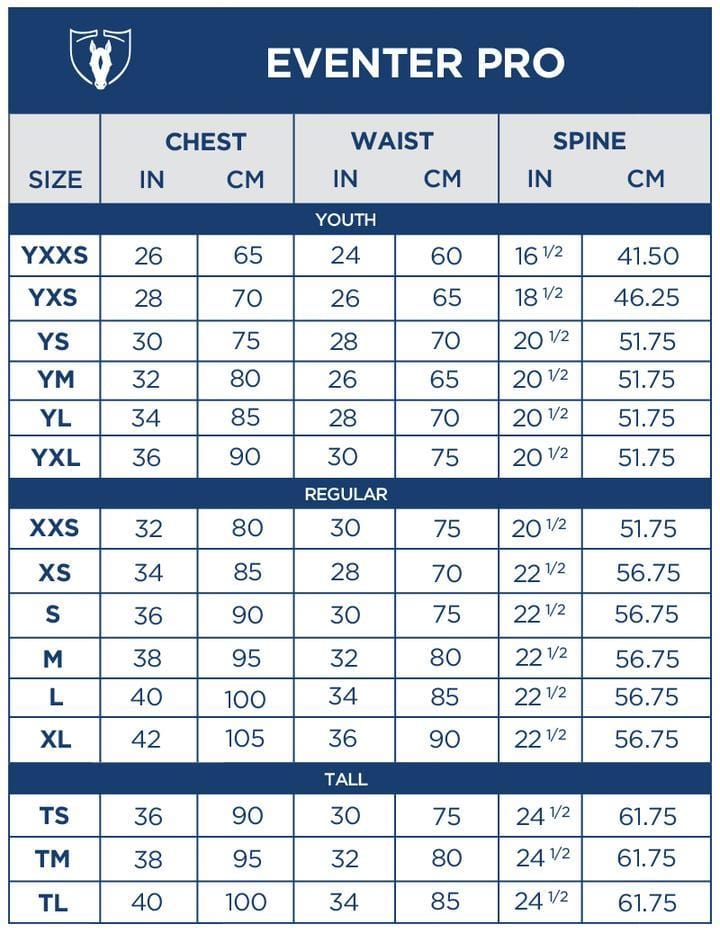 Eventer Pro Safety Vest - Size Chart