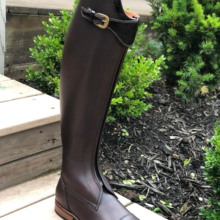 Custom DeNiro Vasari Dressage Boot - Brown with Lucidi Moka Rondine & Brass Snap Buckle