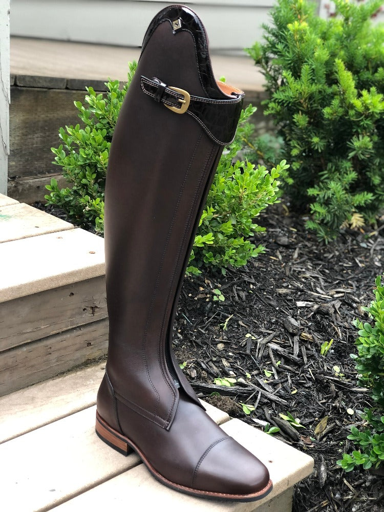 Custom DeNiro Vasari Dressage Boot - Brown with Lucidi Moka Rondine & Brass Snap Buckle