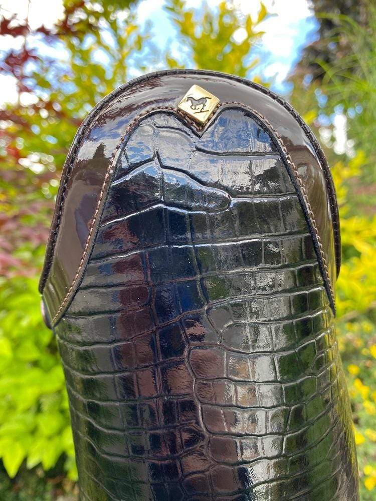 Black croc boot with rondine patent brown top