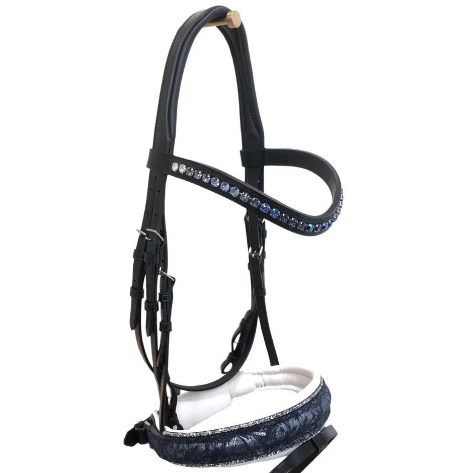 *Otto Schumacher Venidig Snaffle Bridle Black with Blue Metalic Flower & Fineline Crystals - Horse