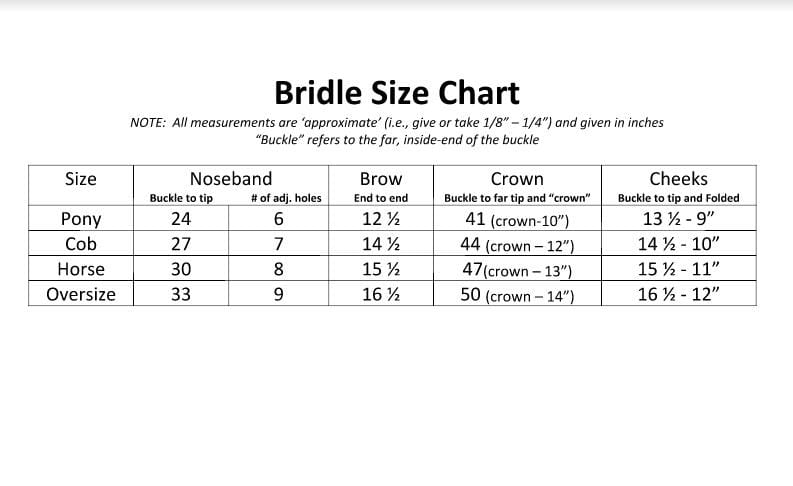 edgewood bridle size guide