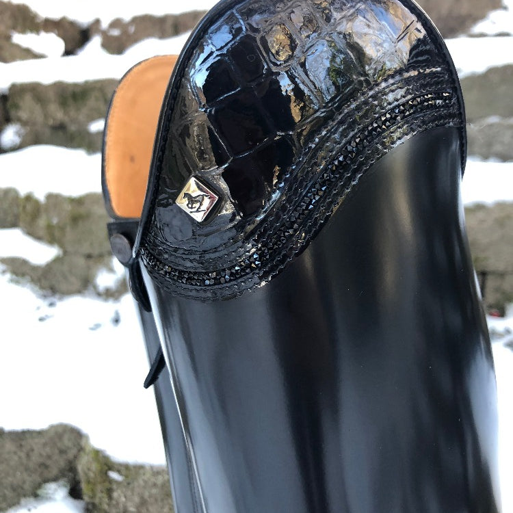 Custom DeNiro Bellini Dressage Boot - Brushed Black with Black Croc Lisa Top & Fineline close up