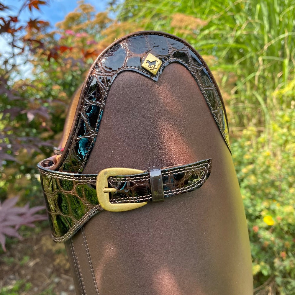 Custom DeNiro Vasari Dressage Boot - Brown with Lucidi Moka Rondine & Brass Snap Buckle