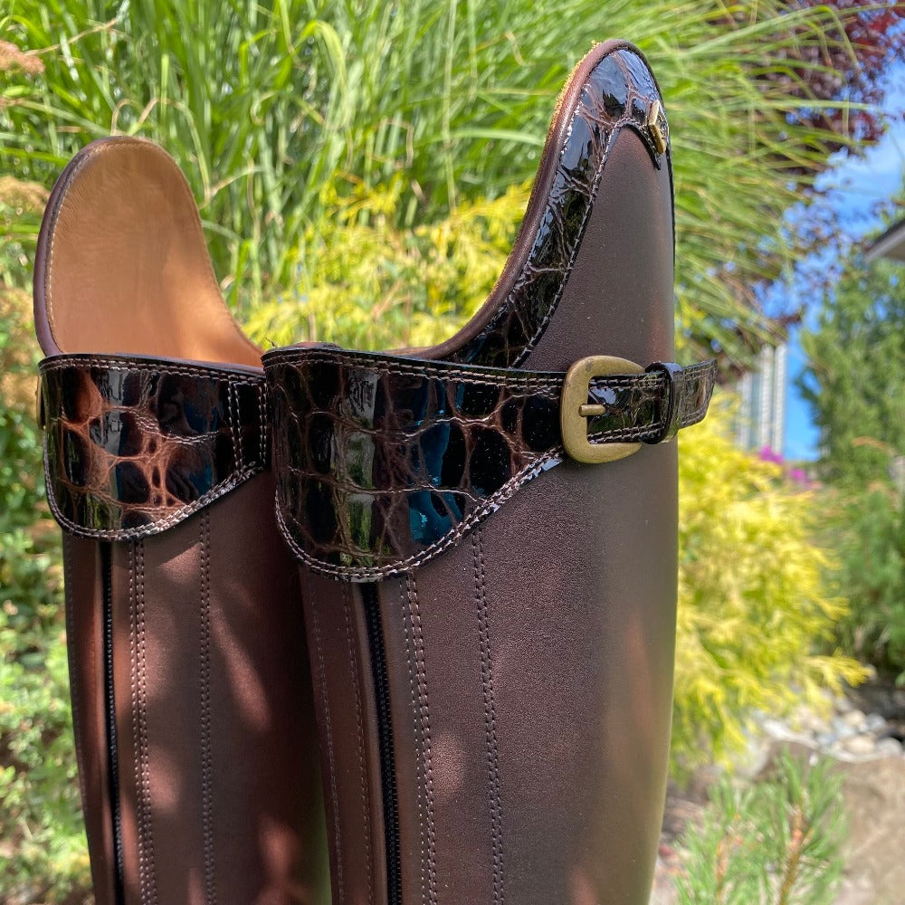 Custom DeNiro Vasari Dressage Boot - Brown with Lucidi Moka Rondine & Brass Snap Buckle
