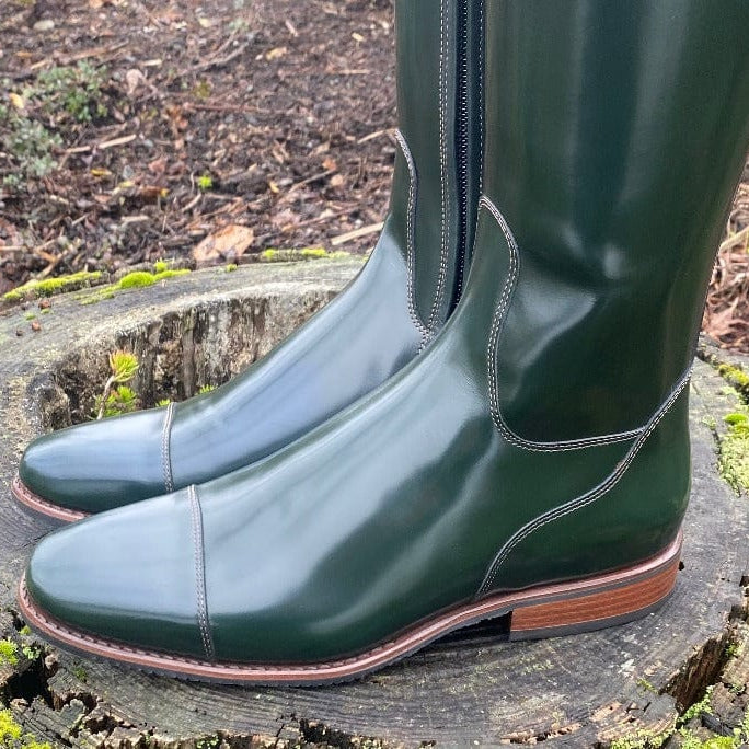 Custom DeNiro Bellini Dressage Boot - Brushed Green with Green Roseto Uptop & Swarovski Fineline