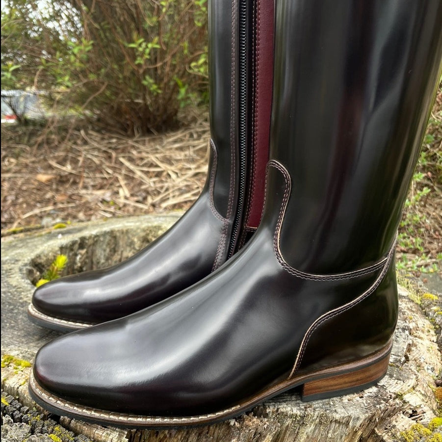 Custom DeNiro Raffaello Dressage Boot - Brushed Burgundy with Rondine Top & Crystals