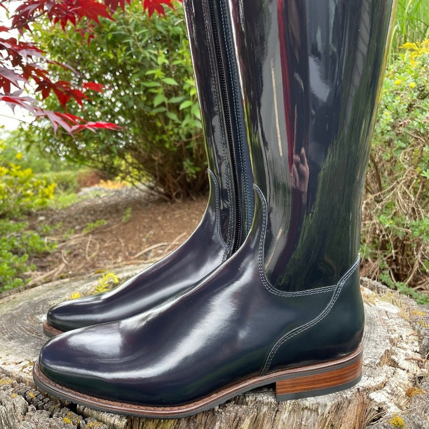 Custom DeNiro Bellini Dressage Boot - Navy Patent with Pearl & Crystal Rondine