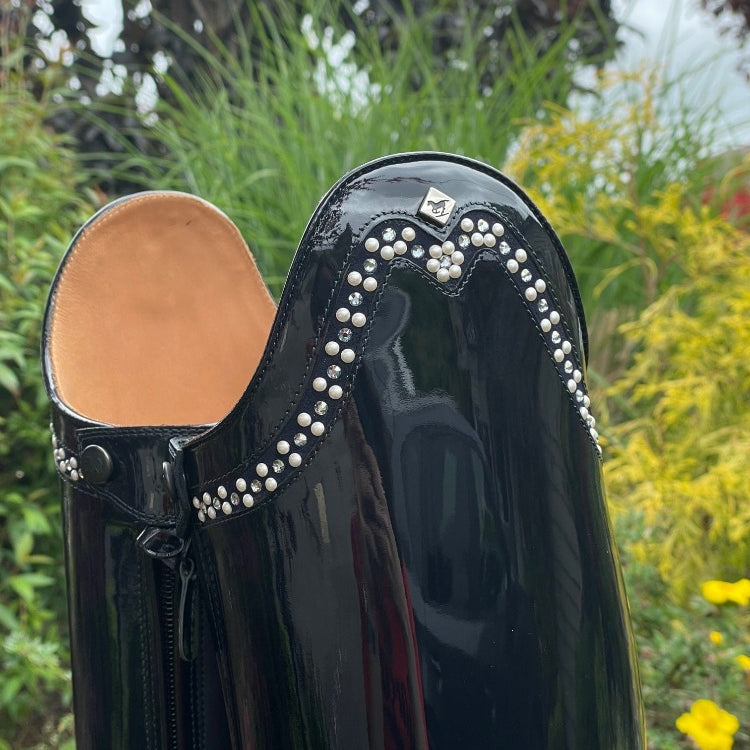 Custom DeNiro Bellini Dressage Boot - Navy Patent with Pearl & Crystal Rondine