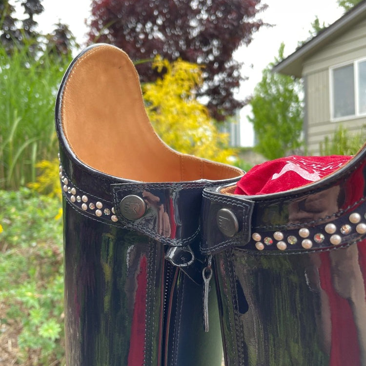 Custom DeNiro Bellini Dressage Boot - Navy Patent with Pearl & Crystal Rondine