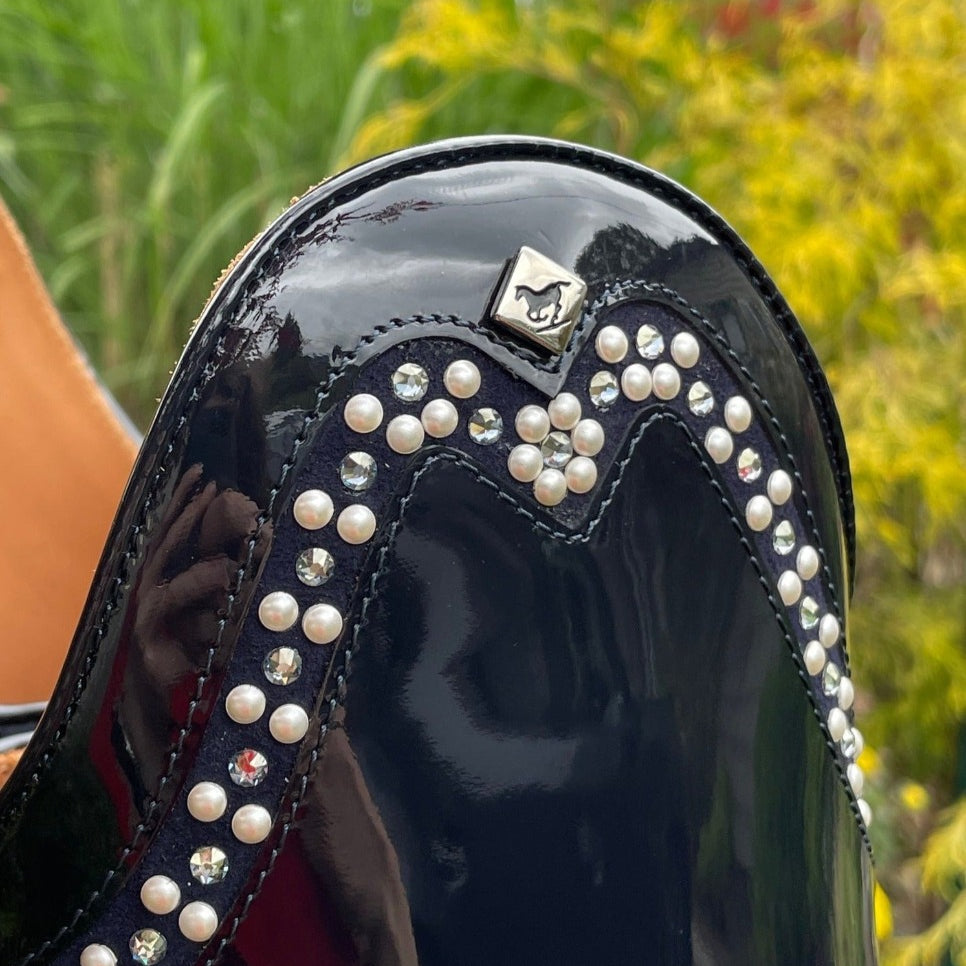 Custom DeNiro Bellini Dressage Boot - Navy Patent with Pearl & Crystal Rondine