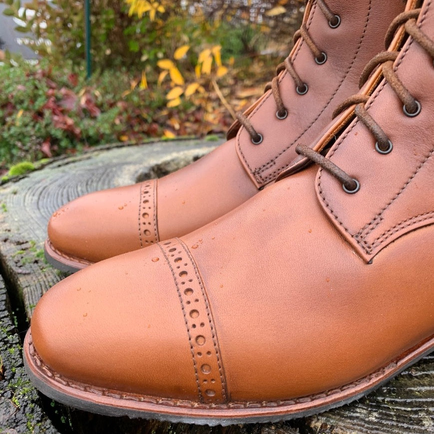 custom deniro brown soft lace up rear zip boot punched toe close up