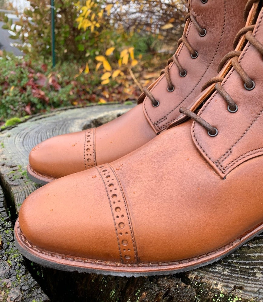 custom deniro brown soft lace up rear zip boot punched toe close up