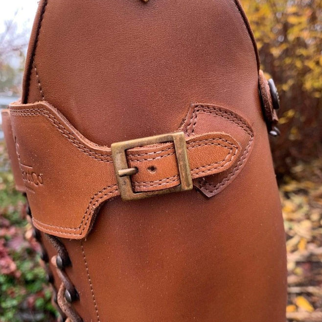 custom deniro brown soft lace up rear zip boot - top buckle close up