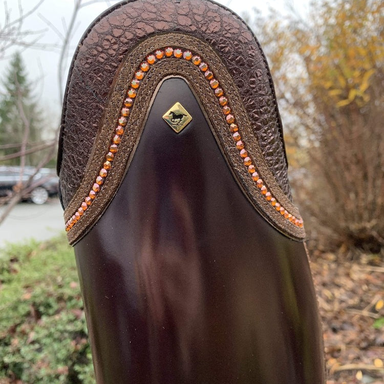 Custom DeNiro Raffaello Dressage Boot - Brushed Brown with Piccolo BG Brown Top & Copper Swarovski top close up
