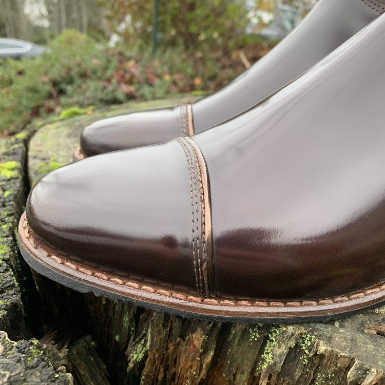Custom DeNiro Raffaello Dressage Boot - Brushed Brown with Piccolo BG Brown Top & Copper Swarovski toe close up