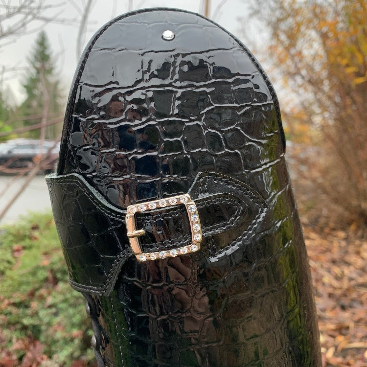 Custom DeNiro Tintoretto Dressage Boot - Black Croc Lucidi with Swarovski Buckle close up