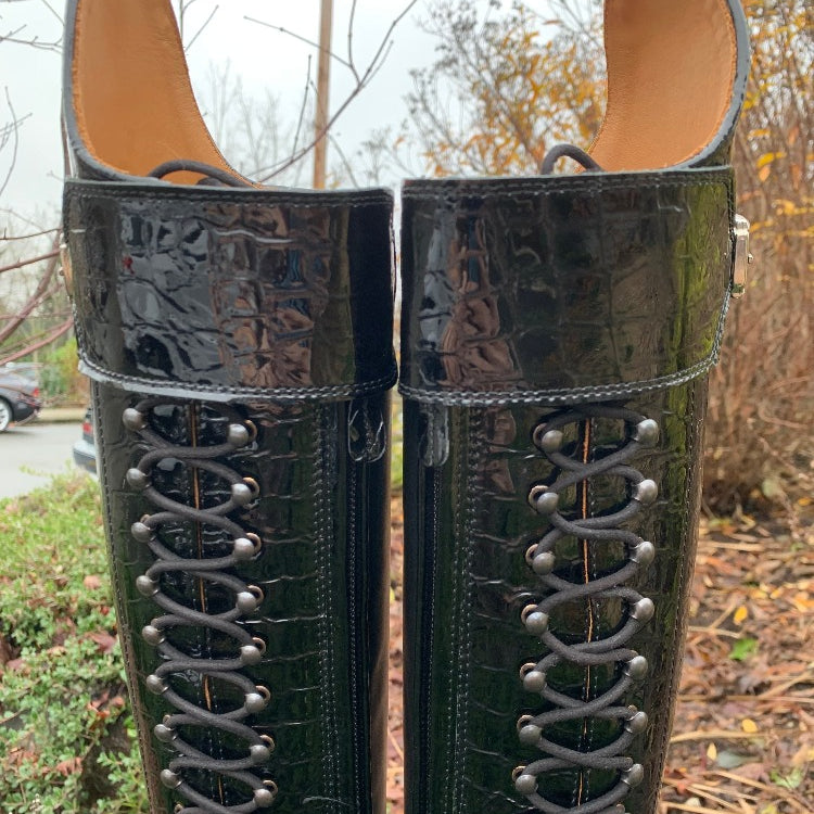 Custom DeNiro Tintoretto Dressage Boot - Black Croc Lucidi with Swarovski Buckle front top close up