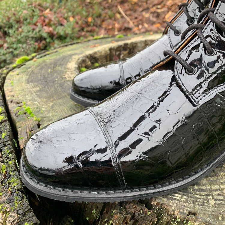 Custom DeNiro Tintoretto Dressage Boot - Black Croc Lucidi with Swarovski Buckle toe close up