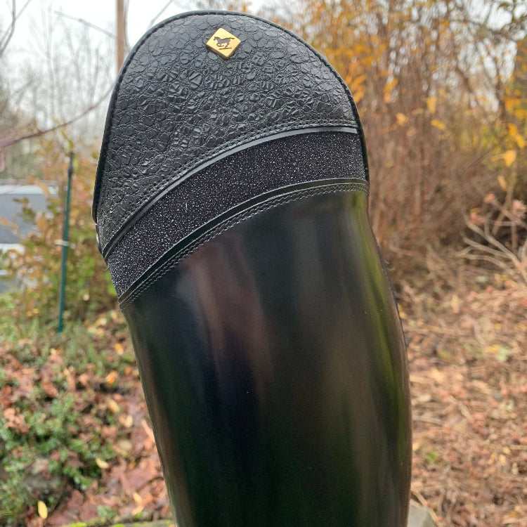 Custom DeNiro Bellini Dressage Boot - Brushed Black with Stardust & Buongiorno top close up