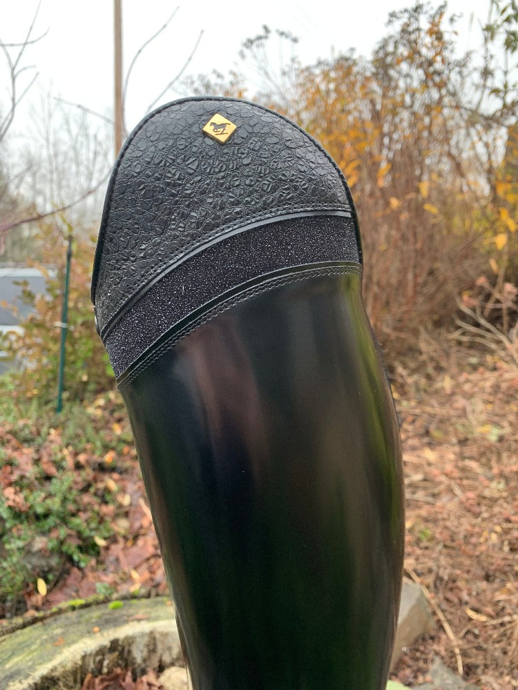 Custom DeNiro Bellini Dressage Boot - Brushed Black with Stardust & Buongiorno top close up