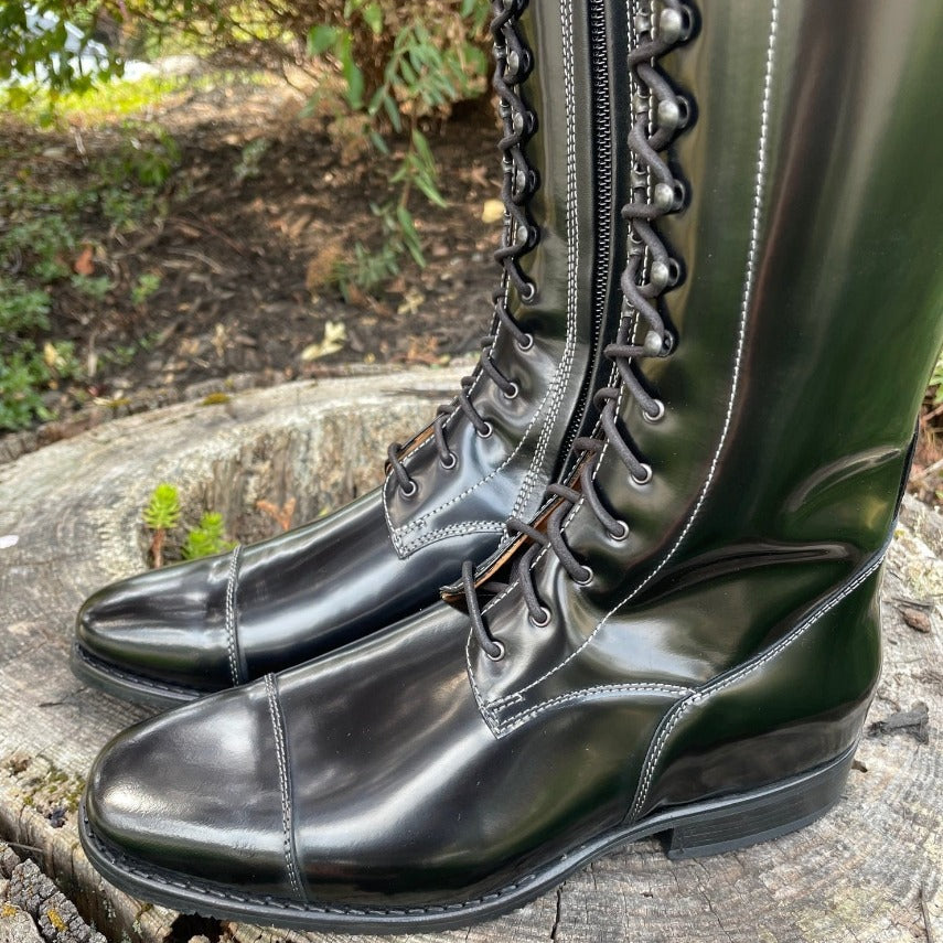 Custom DeNiro Tintoretto Dressage Boot - Brushed Black with Grey Roseto Rondine, Swarovski & Stardust