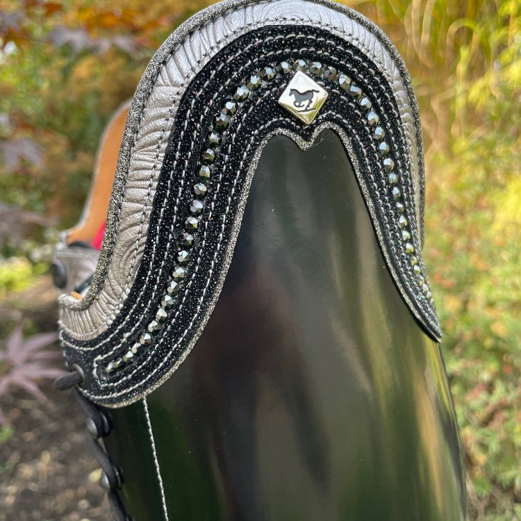 Custom DeNiro Tintoretto Dressage Boot - Brushed Black with Grey Roseto Rondine, Swarovski & Stardust