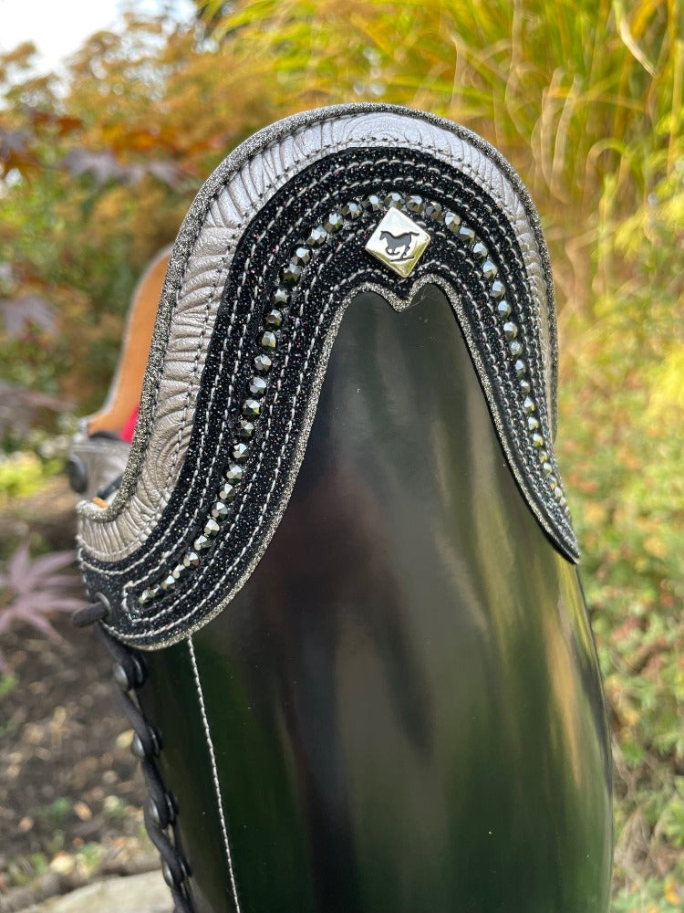 Custom DeNiro Tintoretto Dressage Boot - Brushed Black with Grey Roseto Rondine, Swarovski & Stardust