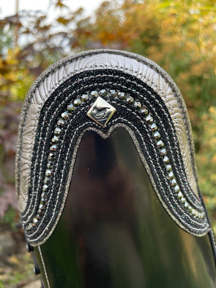 Custom DeNiro Tintoretto Dressage Boot - Brushed Black with Grey Roseto Rondine, Swarovski & Stardust