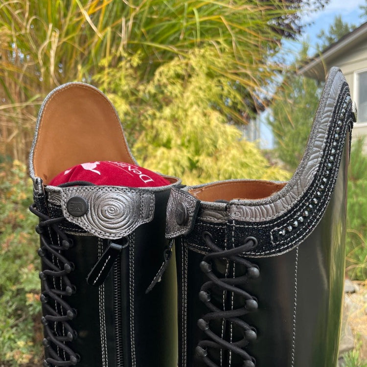 Custom DeNiro Tintoretto Dressage Boot - Brushed Black with Grey Roseto Rondine, Swarovski & Stardust