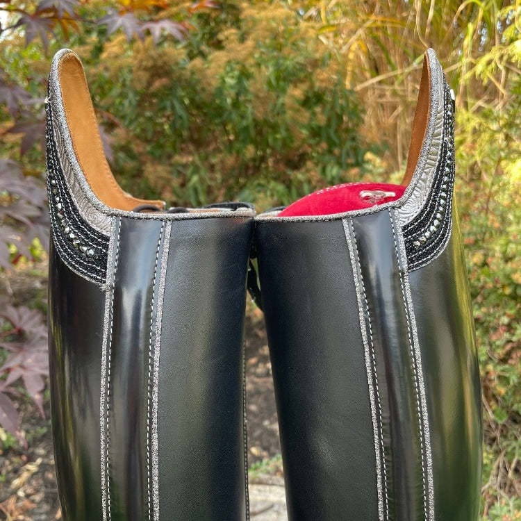 Custom DeNiro Tintoretto Dressage Boot - Brushed Black with Grey Roseto Rondine, Swarovski & Stardust