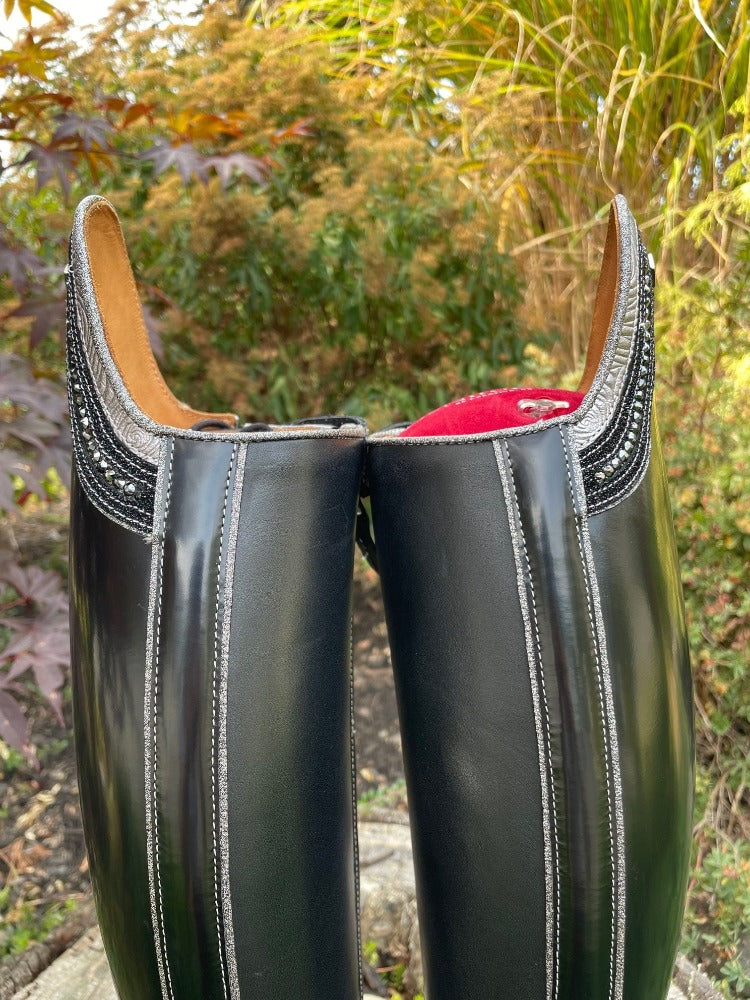 Custom DeNiro Tintoretto Dressage Boot - Brushed Black with Grey Roseto Rondine, Swarovski & Stardust