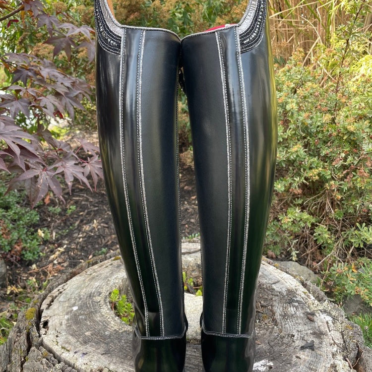 Custom DeNiro Tintoretto Dressage Boot - Brushed Black with Grey Roseto Rondine, Swarovski & Stardust