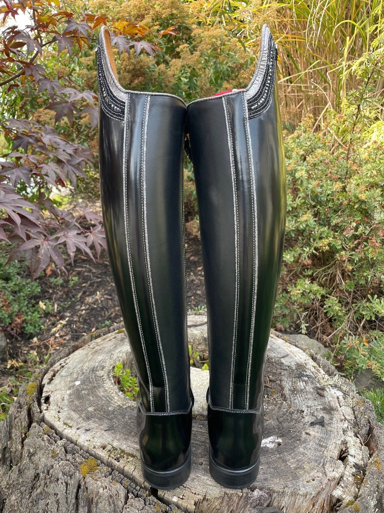 Custom DeNiro Tintoretto Dressage Boot - Brushed Black with Grey Roseto Rondine, Swarovski & Stardust
