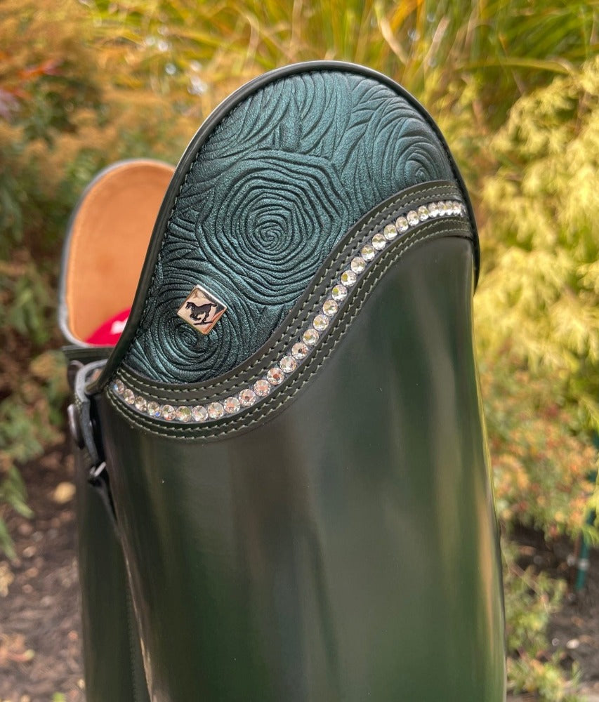 Custom DeNiro Bellini Dressage Boot - Brushed Green with Green Roseto Uptop & Swarovski