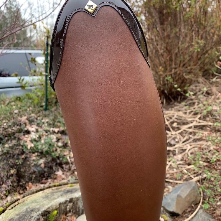 Custom DeNiro Bellini Dressage Boot - Vintage Brown Calfskin & Patent Rondine