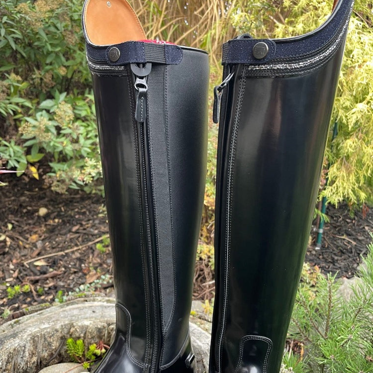 Custom DeNiro Raffaello Dressage Boot - Brushed Black & Blue Stardust Rondine with Crystals