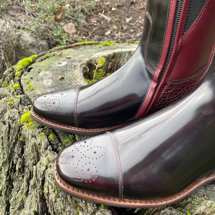 Custom DeNiro Raffaello Dressage Boot - Brushed Burgundy with BG Uptop, Swarovski, Stretch Panel & Comfort Knee