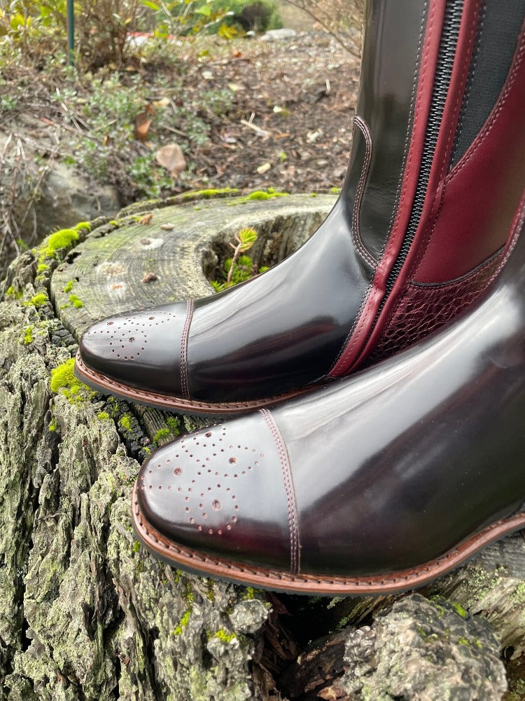 Custom DeNiro Raffaello Dressage Boot - Brushed Burgundy with BG Uptop, Swarovski, Stretch Panel & Comfort Knee