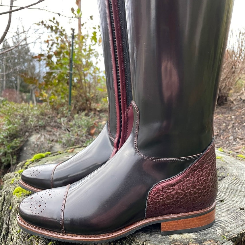 Custom DeNiro Raffaello Dressage Boot - Brushed Burgundy with BG Uptop, Swarovski, Stretch Panel & Comfort Knee