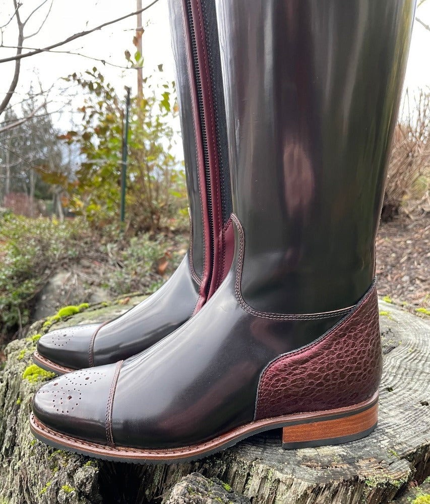Custom DeNiro Raffaello Dressage Boot - Brushed Burgundy with BG Uptop, Swarovski, Stretch Panel & Comfort Knee